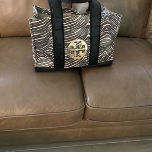 Tory Burch Tote , 16x10x7. Zebra design, vinyl with sturdy handles.